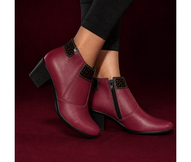 Botine damă grena din piele naturală, cu toc gros și inserții maro lăcuite – elegante și office MV4GRN