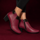 Botine damă grena din piele naturală, cu toc gros și inserții maro lăcuite – elegante și office MV4GRN