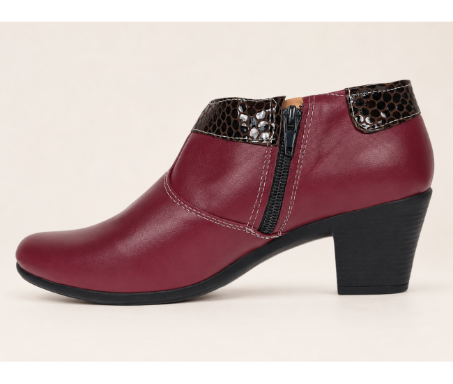 Botine damă grena din piele naturală, cu toc gros și inserții maro lăcuite – elegante și office MV4GRN
