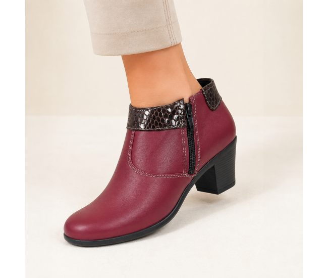 Botine damă grena din piele naturală, cu toc gros și inserții maro lăcuite – elegante și office MV4GRN