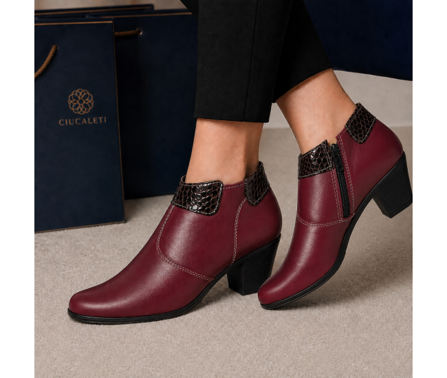 Botine damă grena din piele naturală, cu toc gros și inserții maro lăcuite – elegante și office MV4GRN