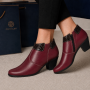 Botine damă grena din piele naturală, cu toc gros și inserții maro lăcuite – elegante și office MV4GRN