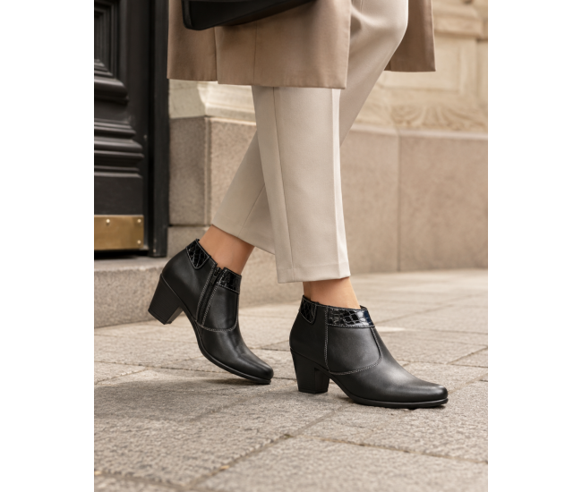 Botine damă negre din piele naturală, cu toc gros și inserții lăcuite – elegante și office MV4NBOX