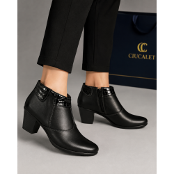 Botine damă negre din piele naturală, cu toc gros și inserții lăcuite – elegante și office MV4NBOX