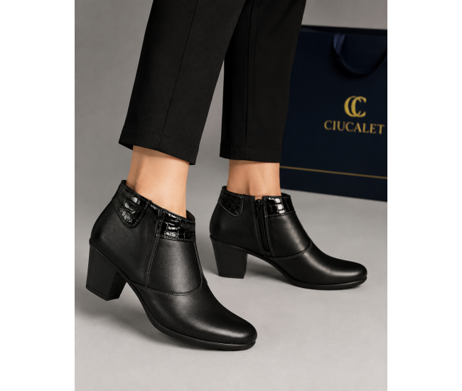 Botine damă negre din piele naturală, cu toc gros și inserții lăcuite – elegante și office MV4NBOX
