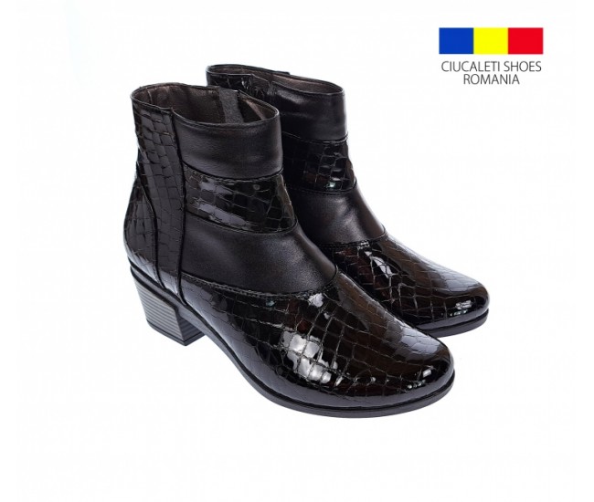 Ghetute dama din piele naturala Croco, cu fermoar, Toc de 5 cm, NEGRU - MVS18CRN