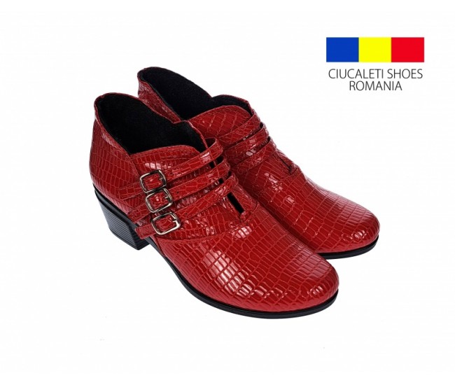 Botine dama din piele naturala Croco, Barete, Catarame argintii, Toc de 5 cm, Rosu - MVS63CTCR-R