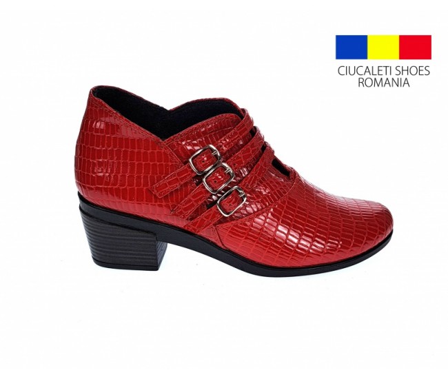 Botine dama din piele naturala Croco, Barete, Catarame argintii, Toc de 5 cm, Rosu - MVS63CTCR-R