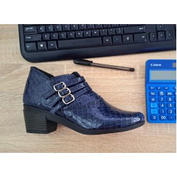 Botine dama din piele naturala Croco, Barete, Catarame argintii, Toc de 5 cm, Albastru - MVS63CTCRBL