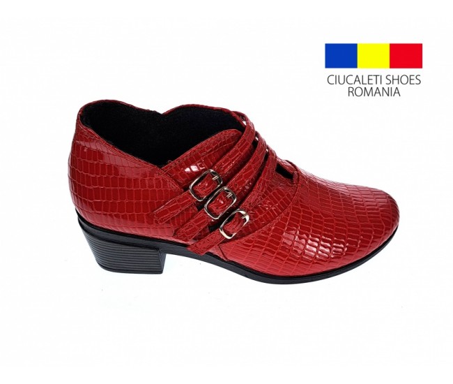 Botine dama din piele naturala Croco, Barete, Catarame argintii, Toc de 5 cm, Maro - MVS63CTCRM