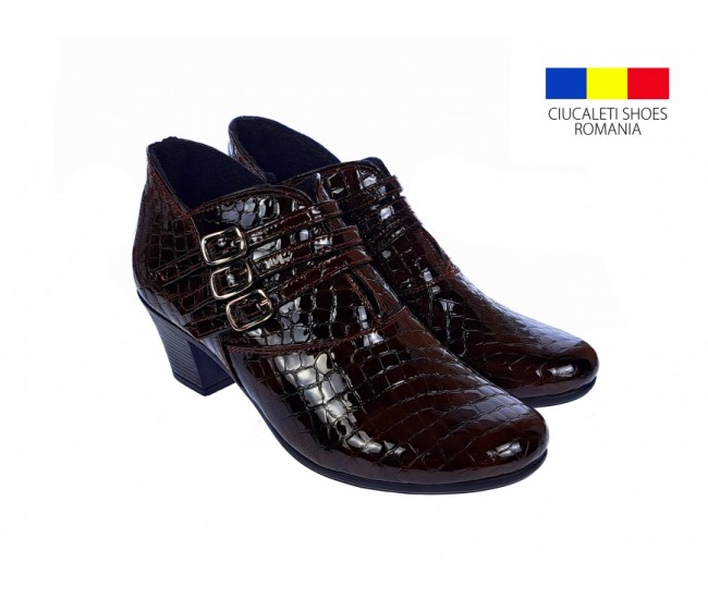 Botine dama din piele naturala Croco, Barete, Catarame argintii, Toc de 5 cm, Maro - MVS63CTCRM