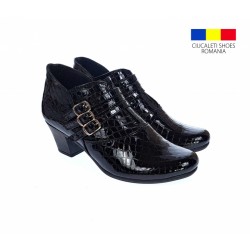 Botine dama din piele naturala Croco, Barete, Catarame argintii, Toc de 5 cm, NEGRU - MVS63CTCRN