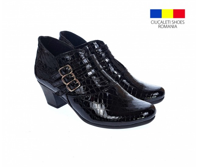 Botine dama din piele naturala Croco, Barete, Catarame argintii, Toc de 5 cm, NEGRU - MVS63CTCRN