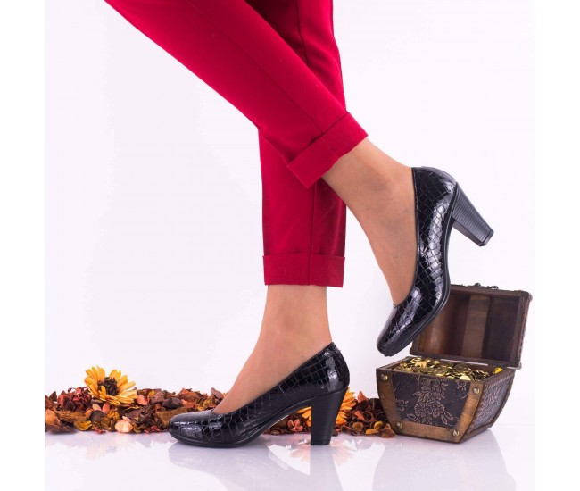 Pantofi dama eleganti din piele naturala ci toc de 7cm - Negru Croco Lac NA236