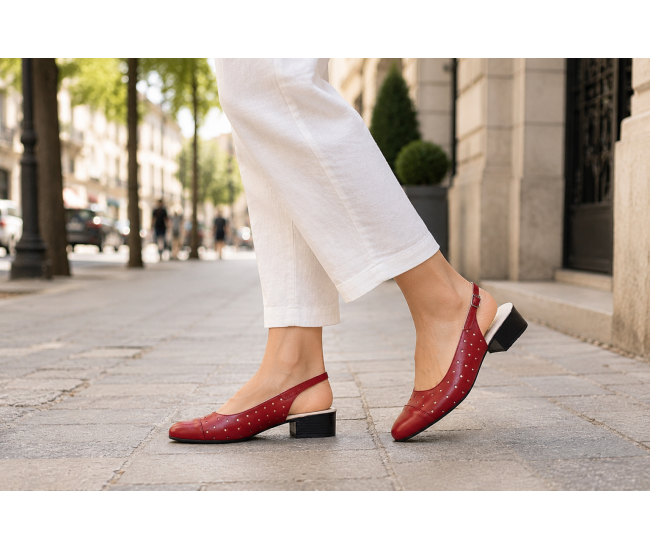 Pantofi dama rosii din piele naturala perforata, cu bareta la spate si toc mic NA252ROSU