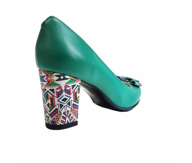 Pantofi eleganti dama, verzi, mozaic, din piele naturala box, toc 6 cm - NA41V