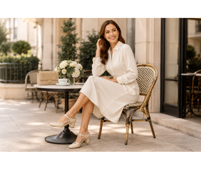 Pantofi damă bej din piele naturală, cu toc gros și barete elegante – Bej Box cu Bej Lac NA50BLP
