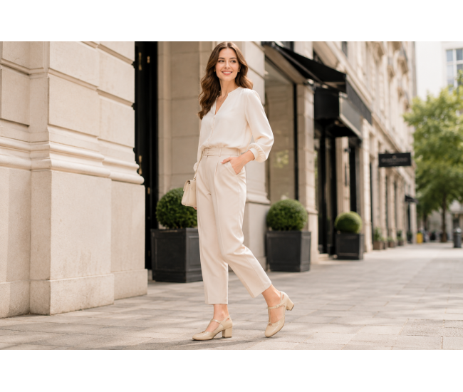 Pantofi damă bej din piele naturală, cu toc gros și barete elegante – Bej Box cu Bej Lac NA50BLP