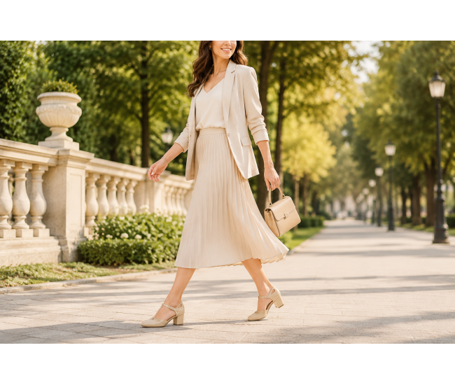 Pantofi damă bej din piele naturală, cu toc gros și barete elegante – Bej Box cu Bej Lac NA50BLP