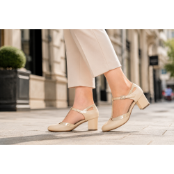 Pantofi damă bej din piele naturală, cu toc gros și barete elegante – Bej Box cu Bej Lac NA50BLP