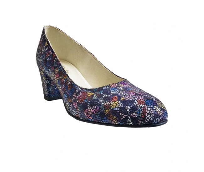 Pantofi eleganti dama, albastri, mozaic, din piele naturala box, toc 5 cm - NA74A