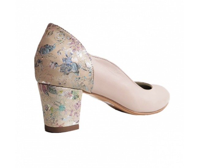 Pantofi eleganti dama, roz bej, model floral, din piele naturala box, toc 5 cm - NA74ROZ