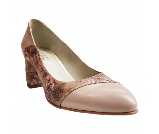 Pantofi eleganti dama, bej, model floral, din piele naturala box, toc 6 cm - NA76BEJ