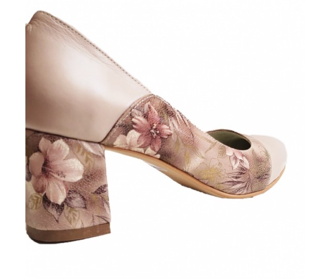 Pantofi eleganti dama, bej, model floral, din piele naturala box, toc 6 cm - NA76BEJ