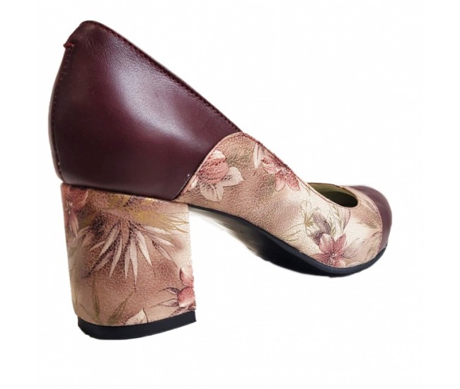 Pantofi eleganti dama, maro, model floral, din piele naturala box, toc 6 cm - NA76MARO