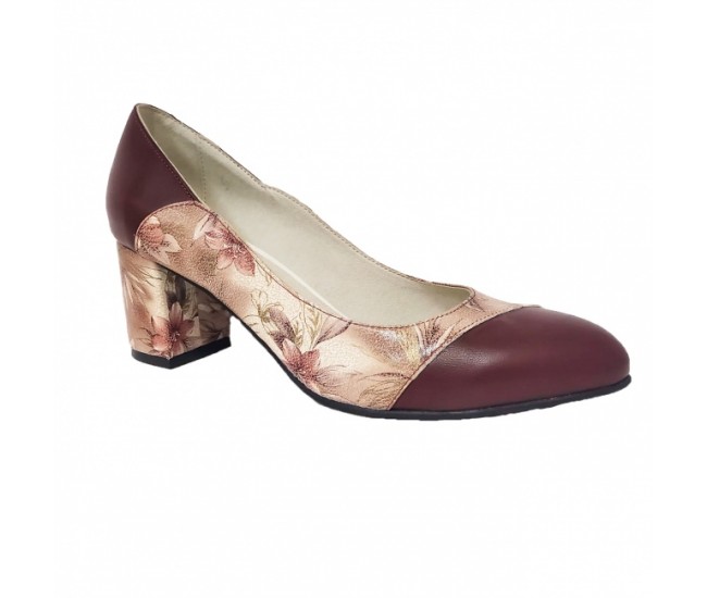 Pantofi eleganti dama, maro, model floral, din piele naturala box, toc 6 cm - NA76MARO