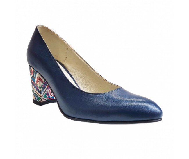 Pantofi eleganti dama, albastri, din piele naturala box, toc 6 cm - NA87A3