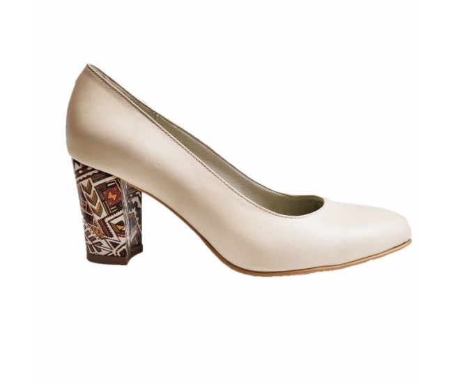 Pantofi eleganti dama, bej, mozaic, din piele naturala box, toc 6 cm - NA87BEJ2