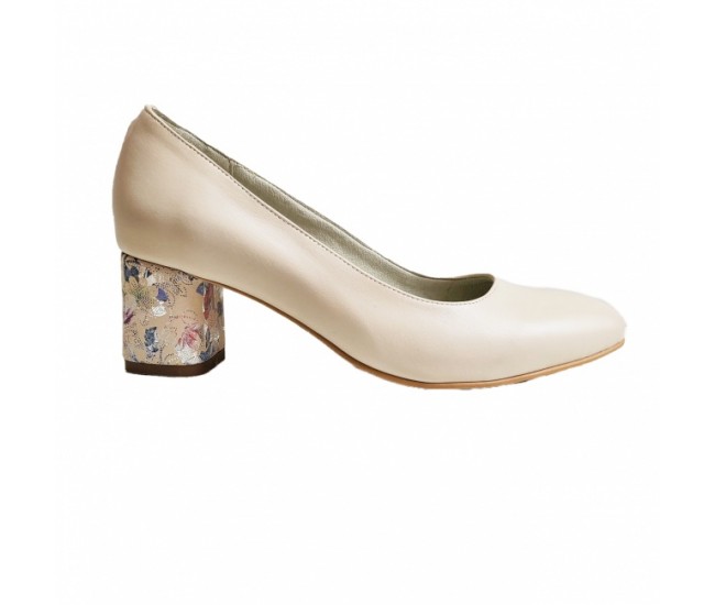 Pantofi eleganti dama, bej, model floral, din piele naturala box, toc 5 cm - NA87BEJ3