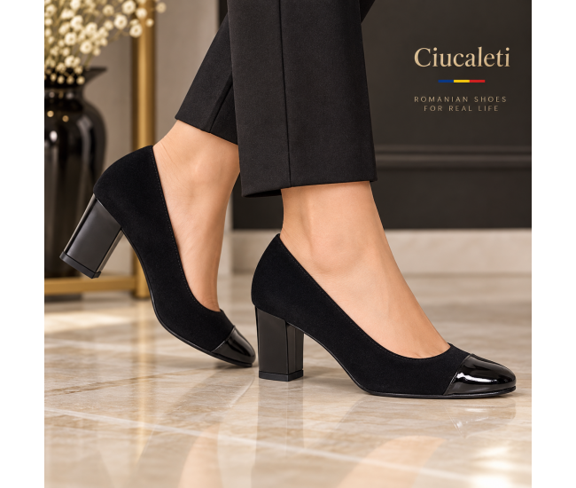 Pantofi dama eleganti din piele intoarsa si piele lacuita negri cu toc 7 cm NAA3NSL