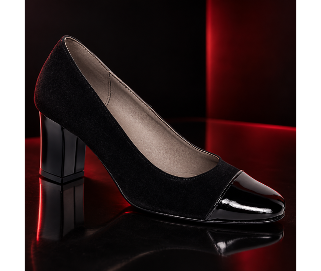 Pantofi dama eleganti din piele intoarsa si piele lacuita negri cu toc 7 cm NAA3NSL