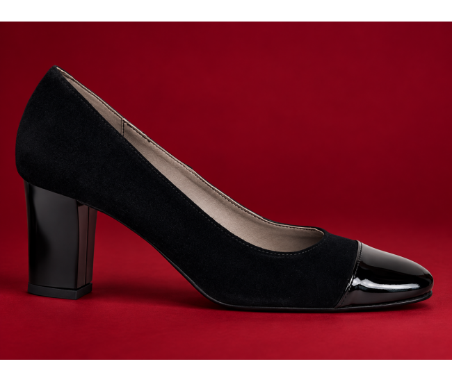 Pantofi dama eleganti din piele intoarsa si piele lacuita negri cu toc 7 cm NAA3NSL