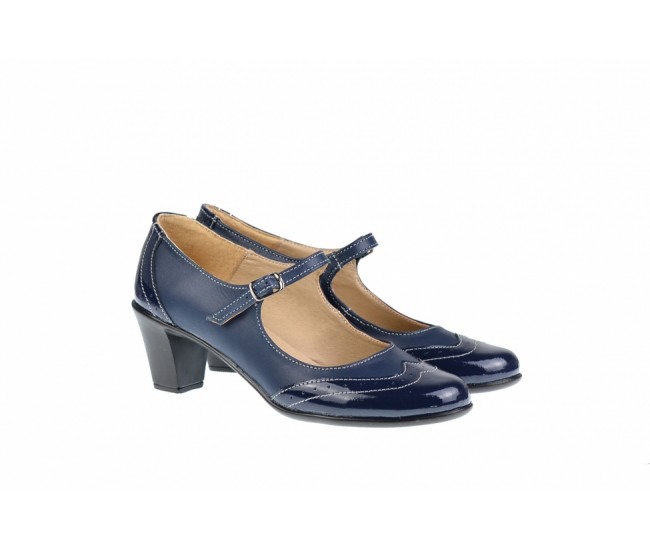 Oferta marimea 39 - Pantofi dama, eleganti, din piele naturala in combinatie cu piele lac, culoare bleumarin - LP104BLBL