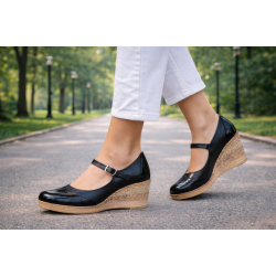 Pantofi dama din piele naturala, cu platforma tip wedge si bareta – eleganti si confortabili, negri