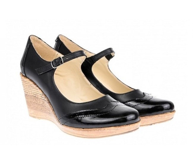 Pantofi dama din piele naturala, cu platforma tip wedge si bareta – eleganti si confortabili, negri