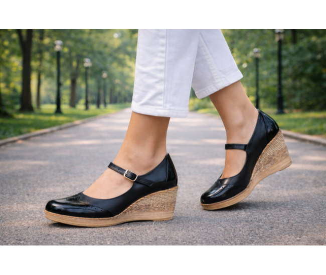 Pantofi dama din piele naturala, cu platforma tip wedge si bareta – eleganti si confortabili, negri