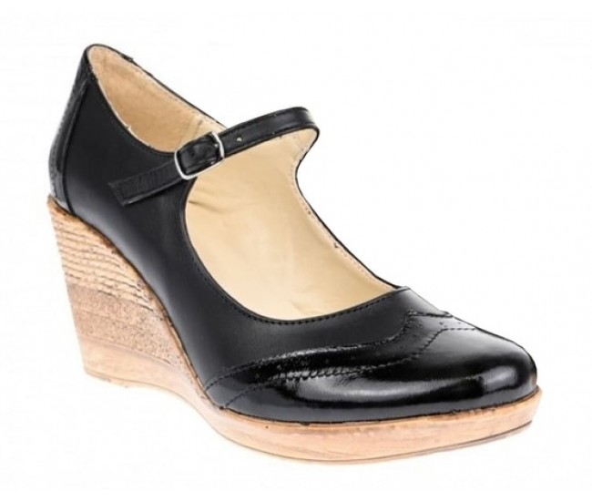 Pantofi dama din piele naturala, cu platforma tip wedge si bareta – eleganti si confortabili, negri
