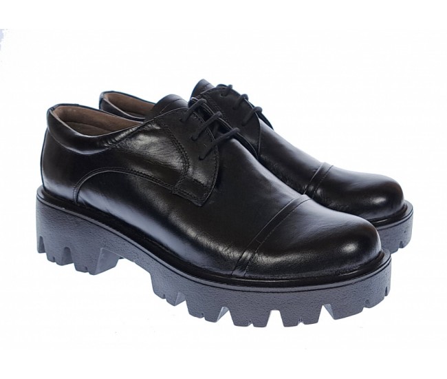 Pantofi dama casual din piele naturala, platforme inalte, Negru - P11N
