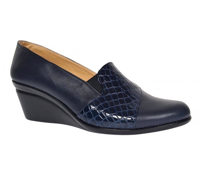 Pantofi dama din piele naturala box si croco lac - Model Bleumarin P14BLCR