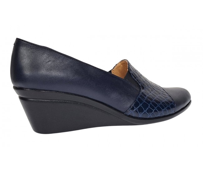 Pantofi dama din piele naturala box si croco lac - Model Bleumarin P14BLCR
