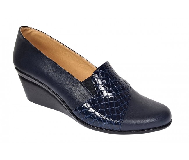 Pantofi dama din piele naturala box si croco lac - Model Bleumarin P14BLCR