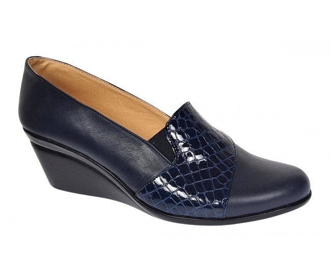 Pantofi dama din piele naturala box si croco lac - Model Bleumarin P14BLCR