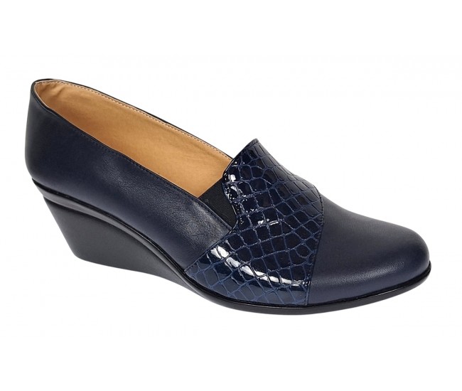 Pantofi dama din piele naturala box si croco lac - Model Bleumarin P14BLCR