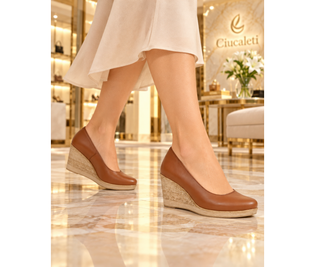 Pantofi damă coniac din piele naturală cu platformă de 7 cm P3550CON