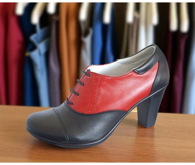 Pantofi dama din piele naturala cu toc de 7cm Negru - Rosu P46NR