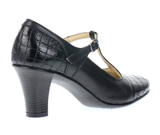 Pantofi dama din piele naturala cu bareta - Model Negru cu varf lac P50N